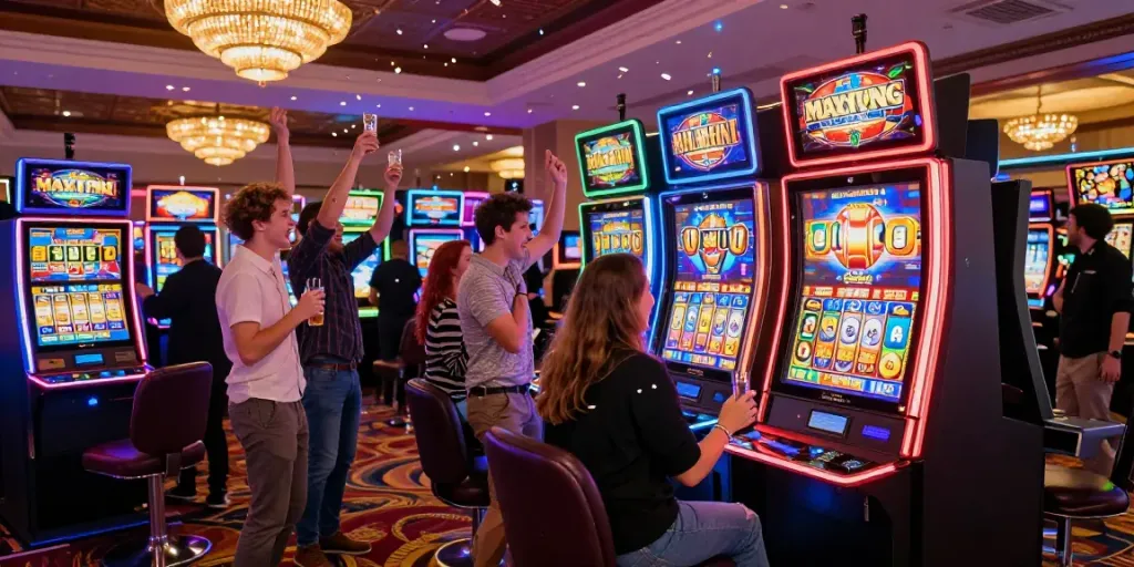 Group celebrating a slot maxwin at a casino machine with vibrant lights.