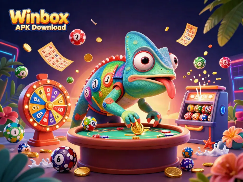 Winbox APK Download showcases a vibrant casino scene with a chameleon character collecting coins amidst dynamic lottery elements.