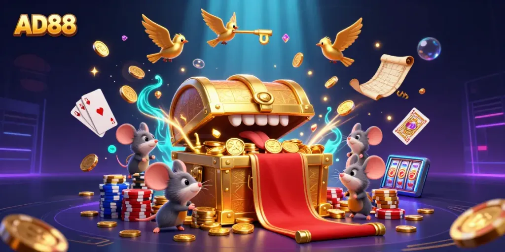 Spin the reels at AD88 with a treasure chest full of gold and exciting casino elements.