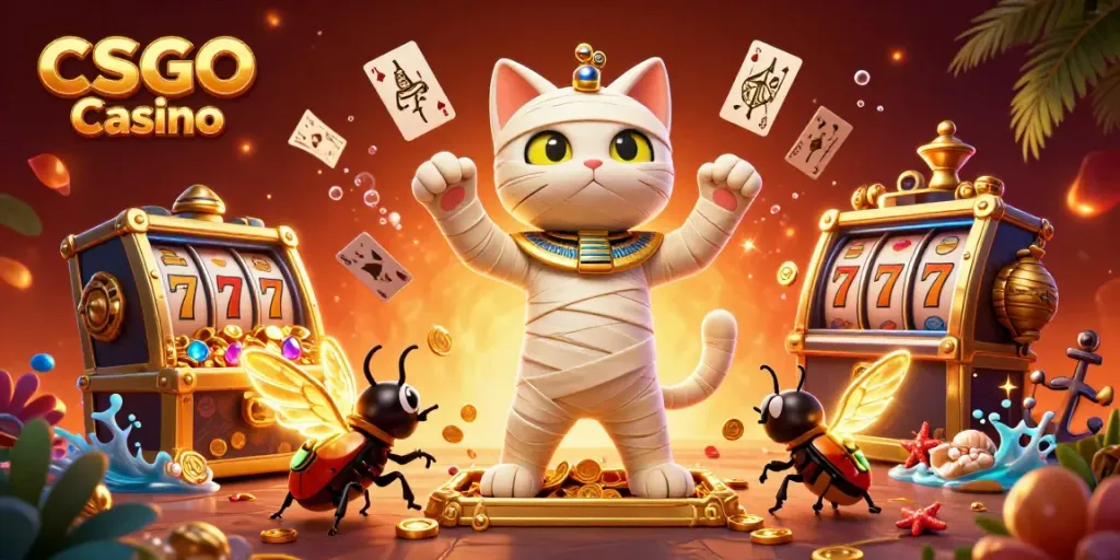 Experience the excitement of CSGO Casino with a vibrant 3D scene featuring a mummy cat and scarab beetle.