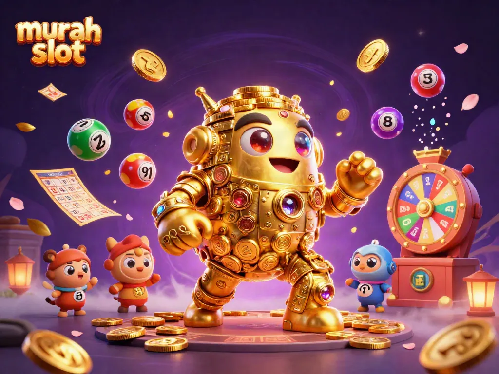 Bermain murah slot dengan golem emas dan simbol slot, saat bola lotere berwarna-warni melayang.