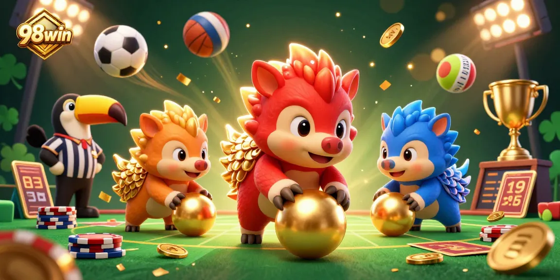 Engage in thrilling gaming with 98win featuring pangolins bowling through poker chips in an exciting scene.
