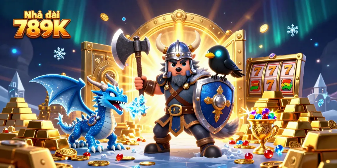 Immerse in the excitement of Nhà cái 789K featuring a Viking wolf warrior and a dragon amidst vibrant casino elements.