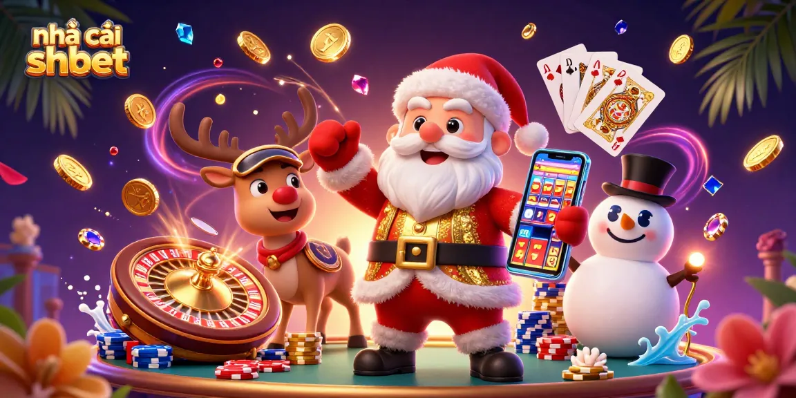 Experience thrills at nhà cái shbet with a vibrant casino scene featuring Santa and friends.