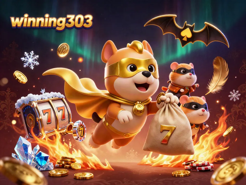 Join the winning303 adventure with a superhero dog and hamster collecting gold coins amidst vibrant casino elements.