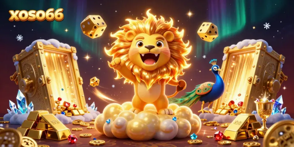 Xoso66 invites adventure with a roaring lion surrounded by treasures in a vibrant casino scene.