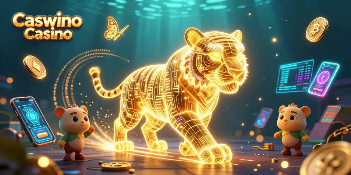 Experience the excitement of Caswino Casino with a glowing golden tiger in a vibrant digital landscape.