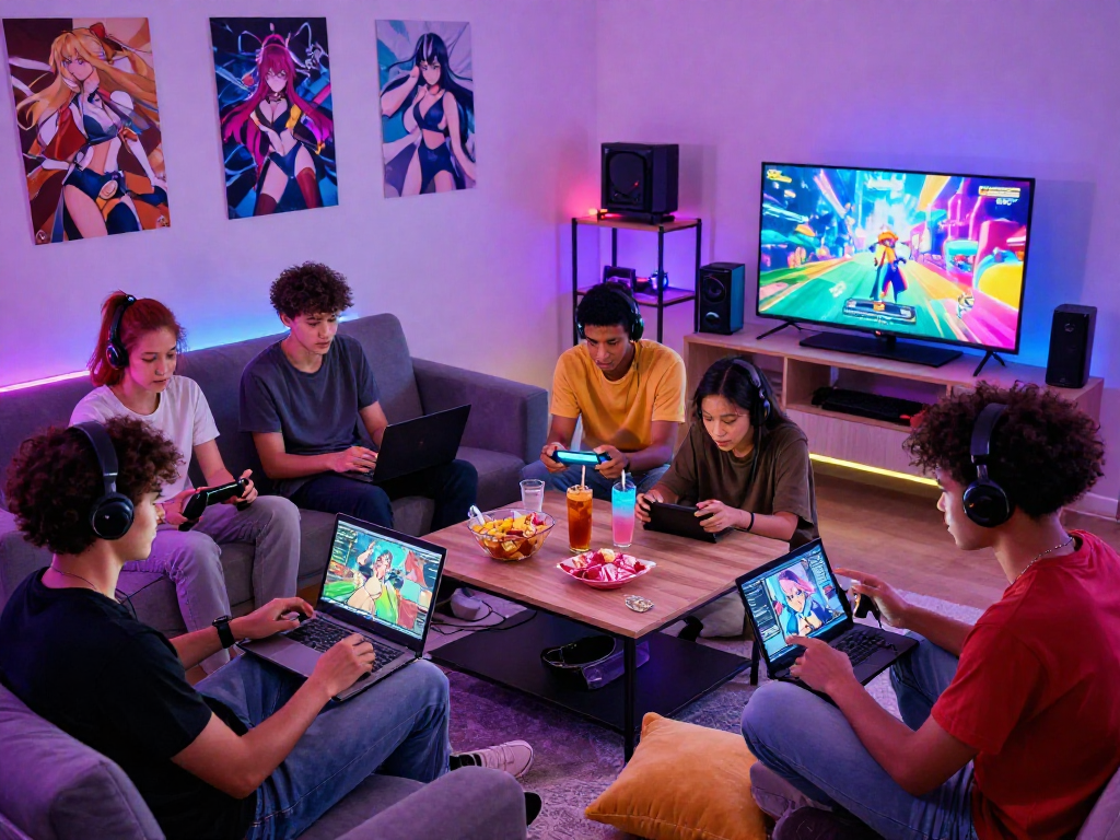 Friends enjoying hentai games together in a cozy living room setting with colorful lighting and snacks.