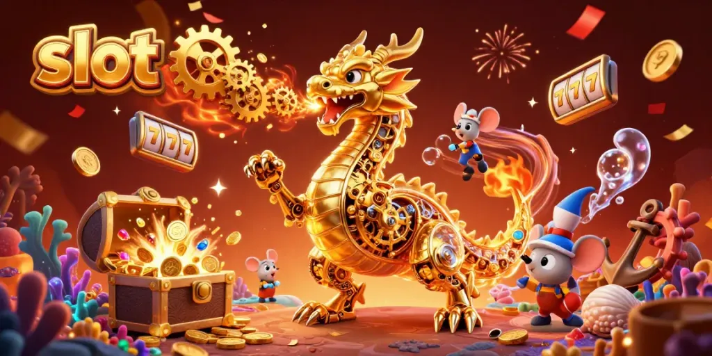 Slot 777 yang menarik dengan naga emas dan perhiasan kasino yang berkilau