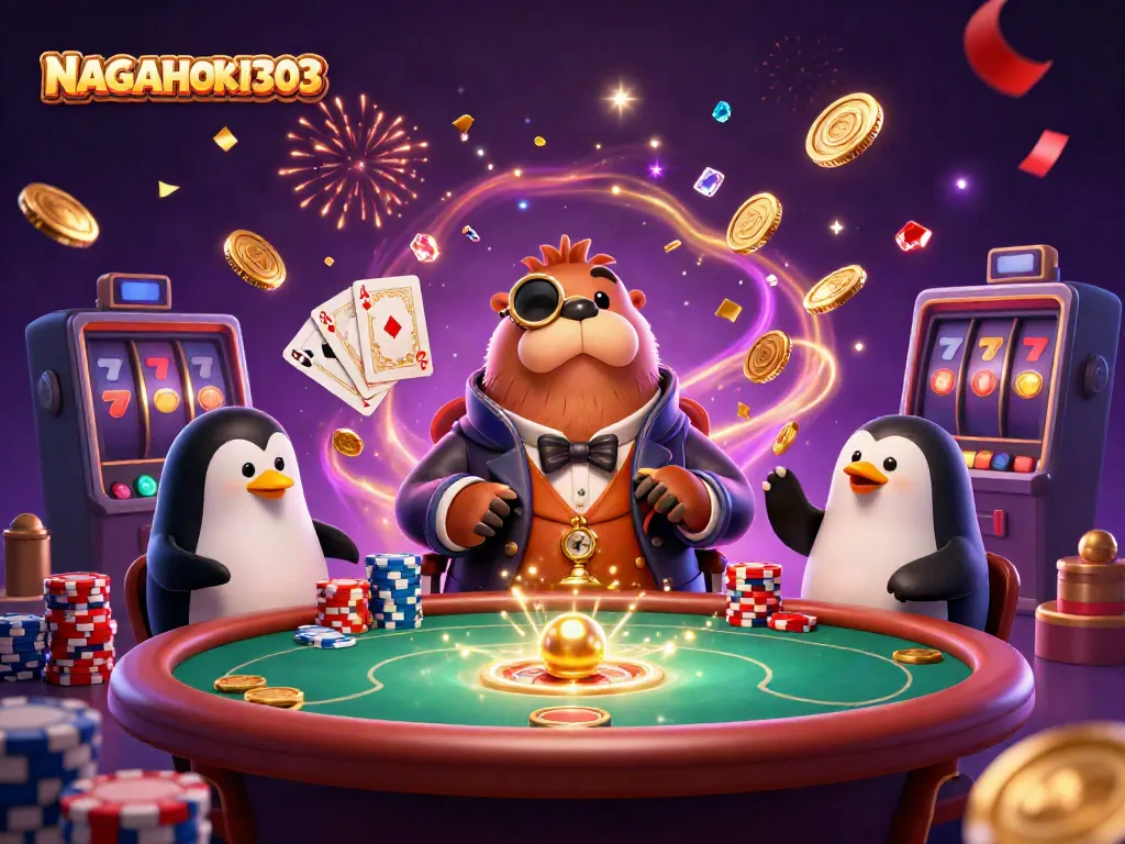 Menggunakan NAGAHOKI303, walrus ceria dan dealer penguin menang di meja poker bawah laut.