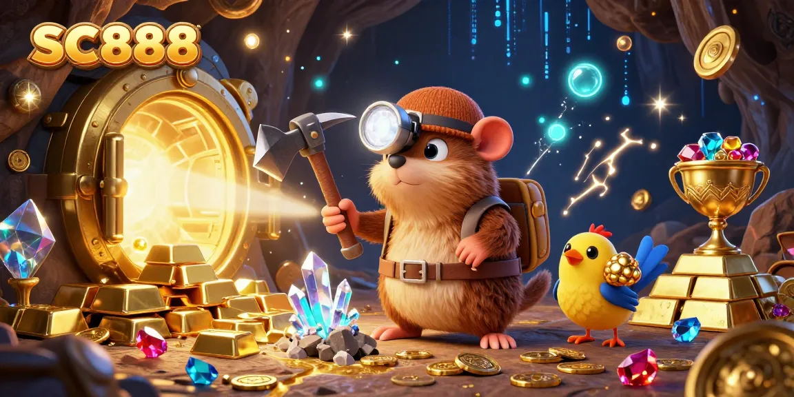 Engage in thrilling gameplay at SC888 with a treasure hunter mole mining gems amidst rich casino elements.
