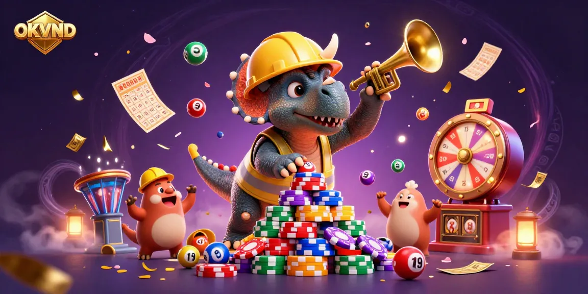 Engaging gambling scene featuring OKVND with a triceratops building poker chip pyramid in vibrant atmosphere.