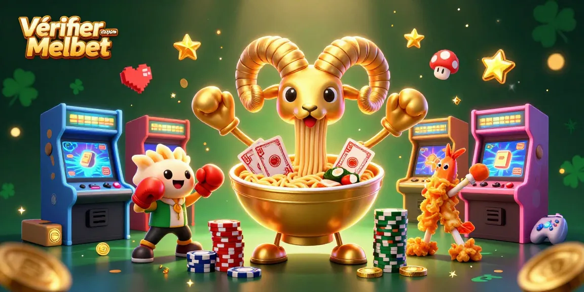 Vérifier coupon Melbet avec un bol de ramen 3D doré et des personnages de jeux colorés.