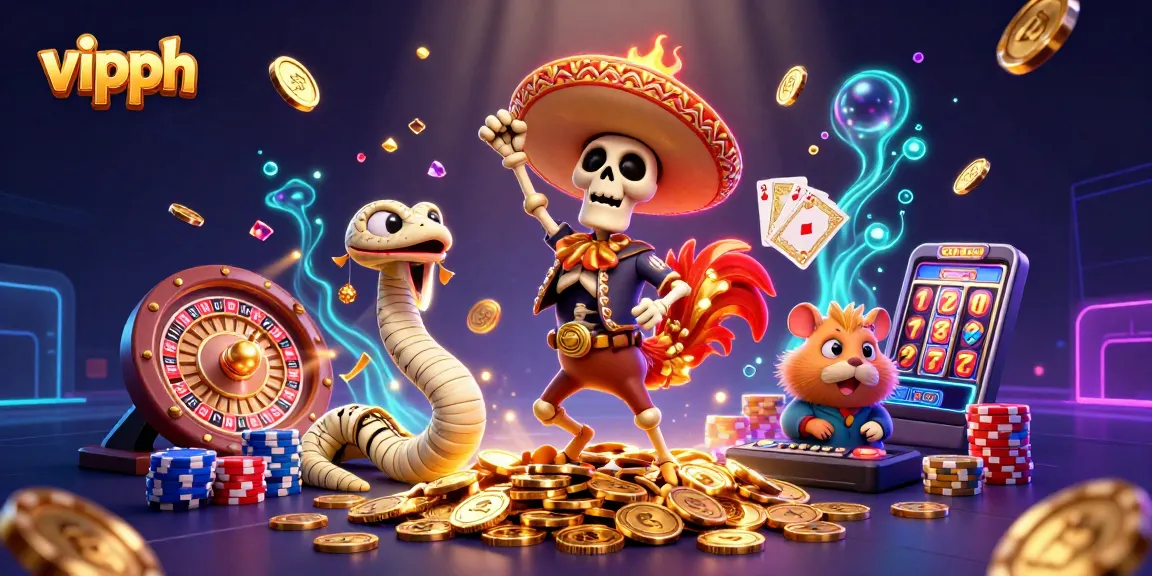 Engage with vipph's vibrant casino world amidst a celebratory scene of animated characters and dazzling game elements.