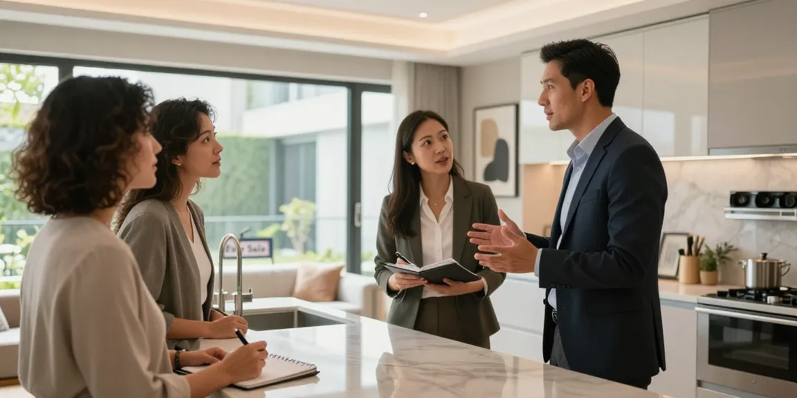 Real estate agent showcasing a luxurious kitchen to interested buyers in a modern property, emphasizing seanbowieforaz's expertise.