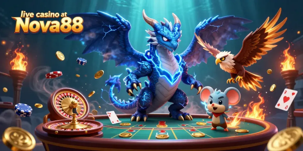Engage with live casino at Nova88 featuring vibrant dragon and hawk amidst gaming elements.