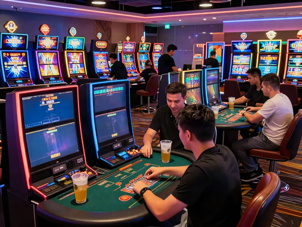A vibrant akunjp online gambling scene featuring players at slot machines and card tables.
