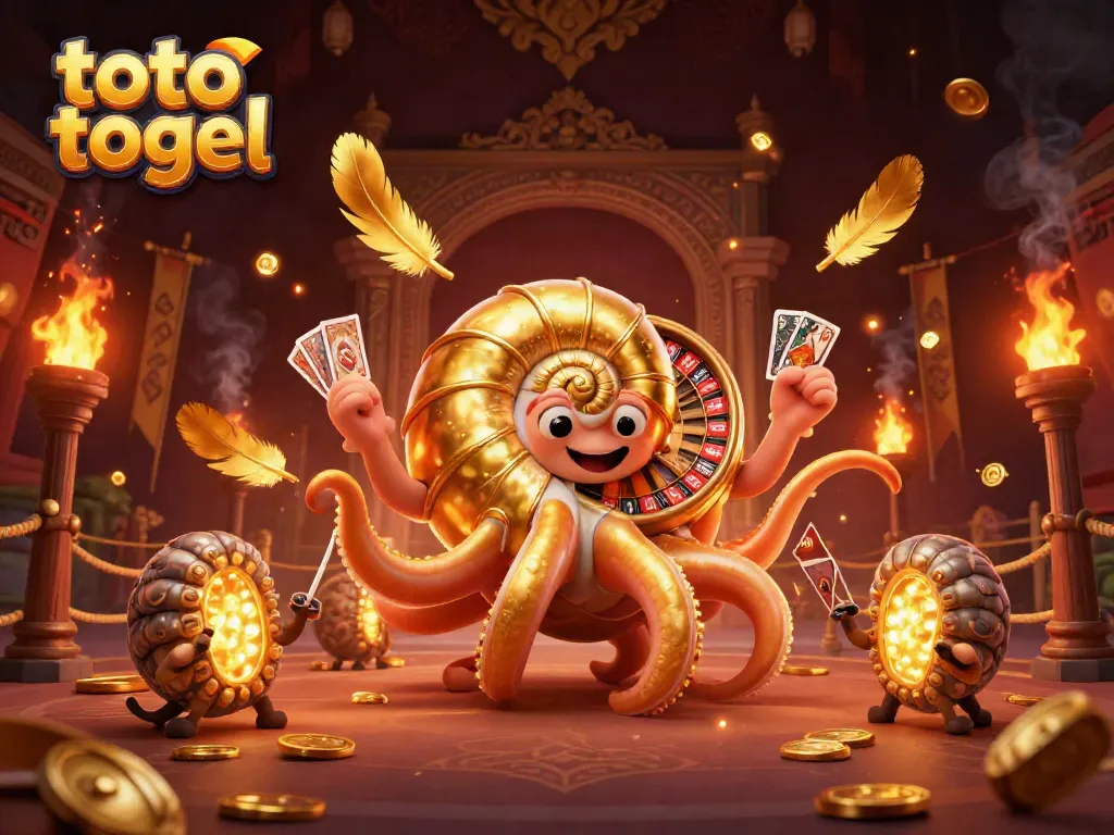 Engage in thrilling toto togel gameplay with a giant nautilus, cards, and luminous ammonite companions in a lavish scene.
