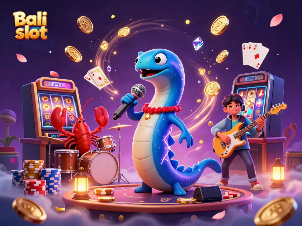 Bali slot celebration with electric eel DJ, lobster drummer, and seahorse guitarist, framed by coins and poker chips.