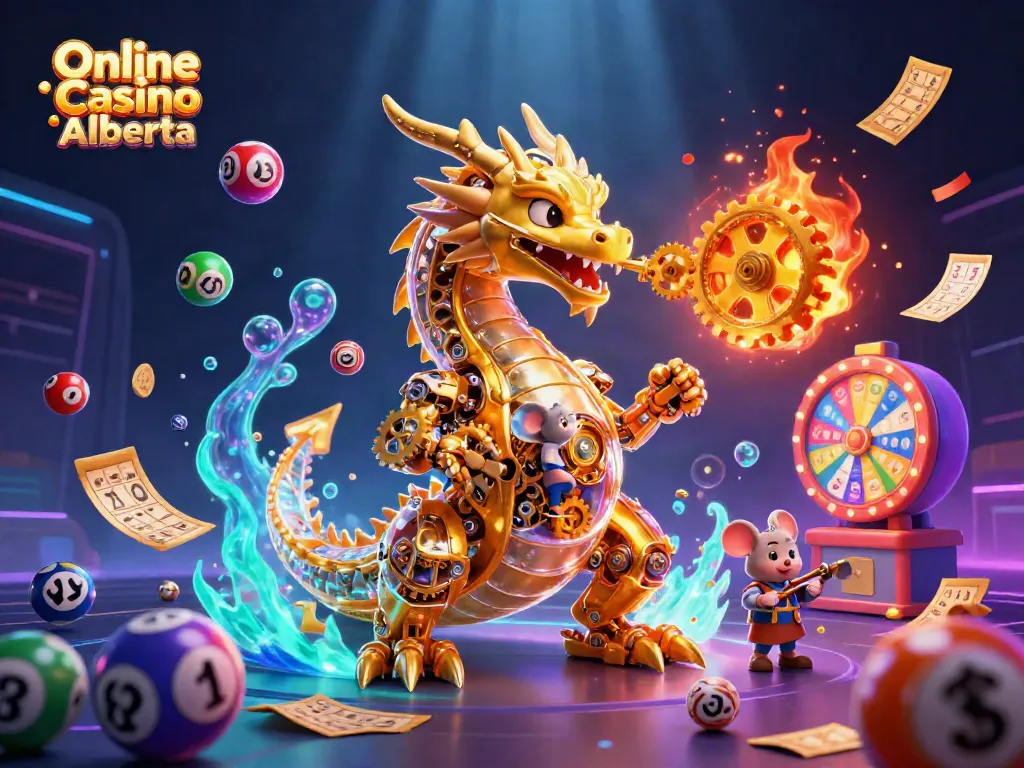 Engage in thrilling gameplay at Online Casino Alberta with a vibrant illustration of a dragon and dynamic casino elements.