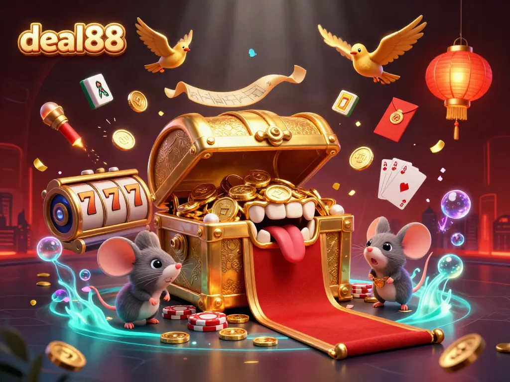 Engage with deal88 for thrilling casino experiences, featuring a vibrant 3D illustration of treasure chests, slot reels, and lucky charms.