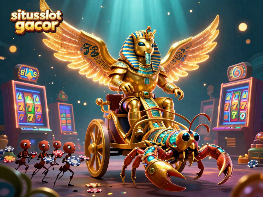 Play at situs slot gacor with a dazzling illustration of golden elements and animated gaming features.