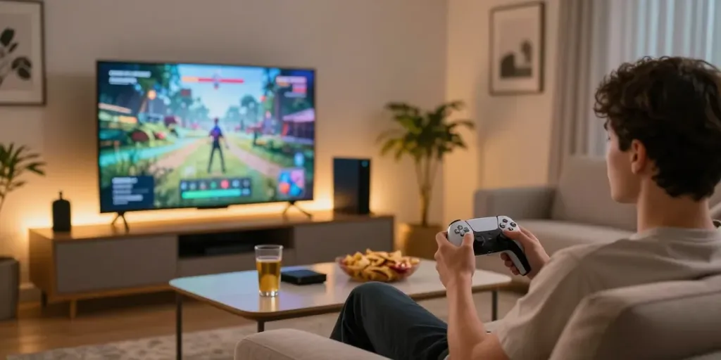 Pengalaman bermain Toto yang menyenangkan di ruang tamu modern dengan TV besar dan teman bermain.