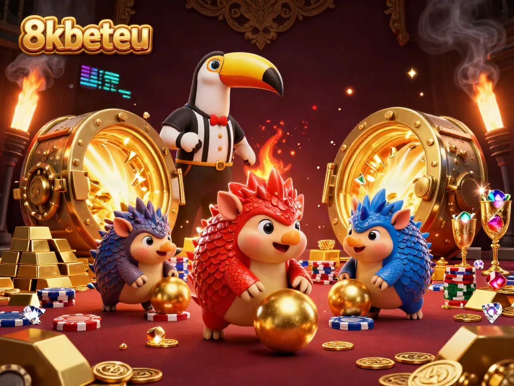 8kbeteu hosts a vibrant casino scene with rival pangolins bowling through poker chips, showcasing golden treasures.