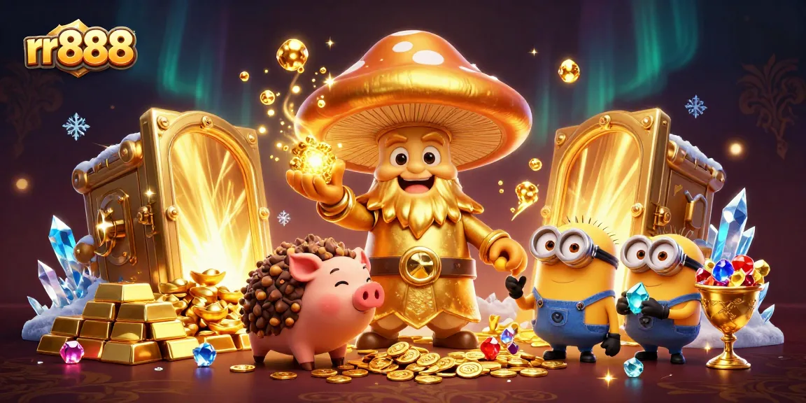 Experience the magic of rr888 with a golden mushroom wizard and treasure in this vibrant illustration.