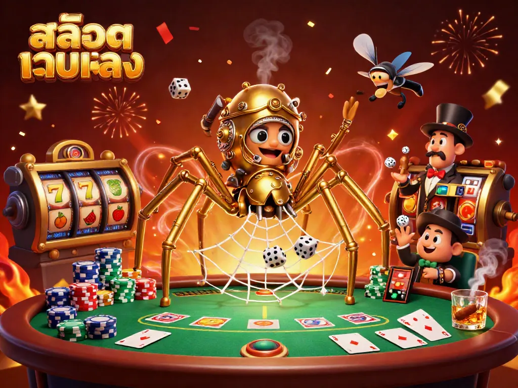 Engage with สล็อตเว็บตรง at the lively casino, showcasing the vibrant steampunk spider and poker elements.