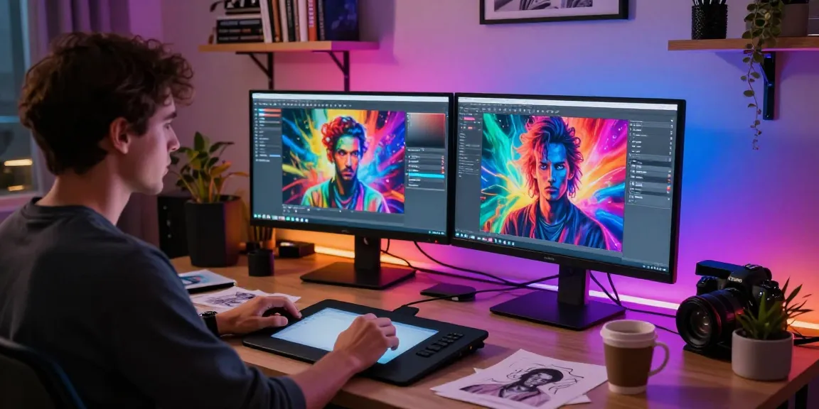 AI NSFW art creation scene with vibrant images, digital workspace details.