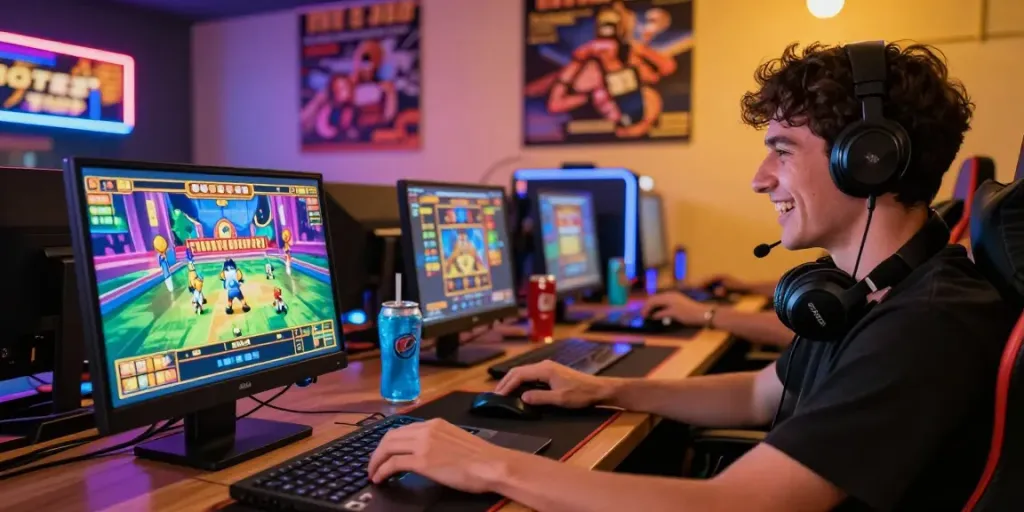 A player enjoying slot games on a laptop in a vibrant gaming room with colorful graphics and dynamic accessories