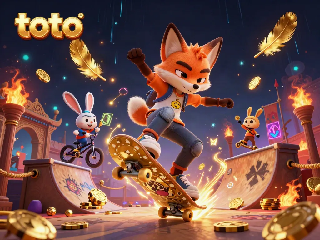 Exciting scene with the toto brand showcasing a skateboard fox and BMX rabbit over golden poker chips.