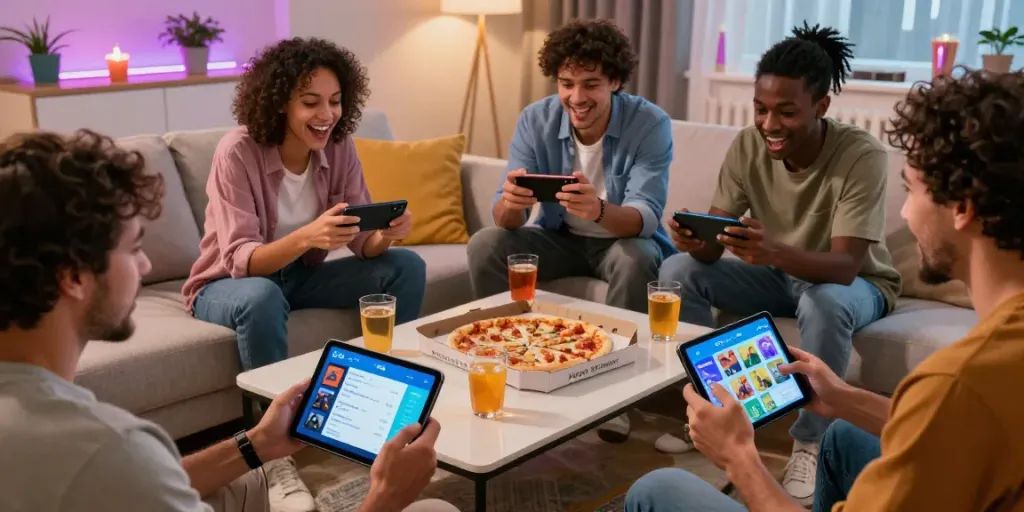 Engaged players enjoying Yono Games on mobile devices in a cozy living room.