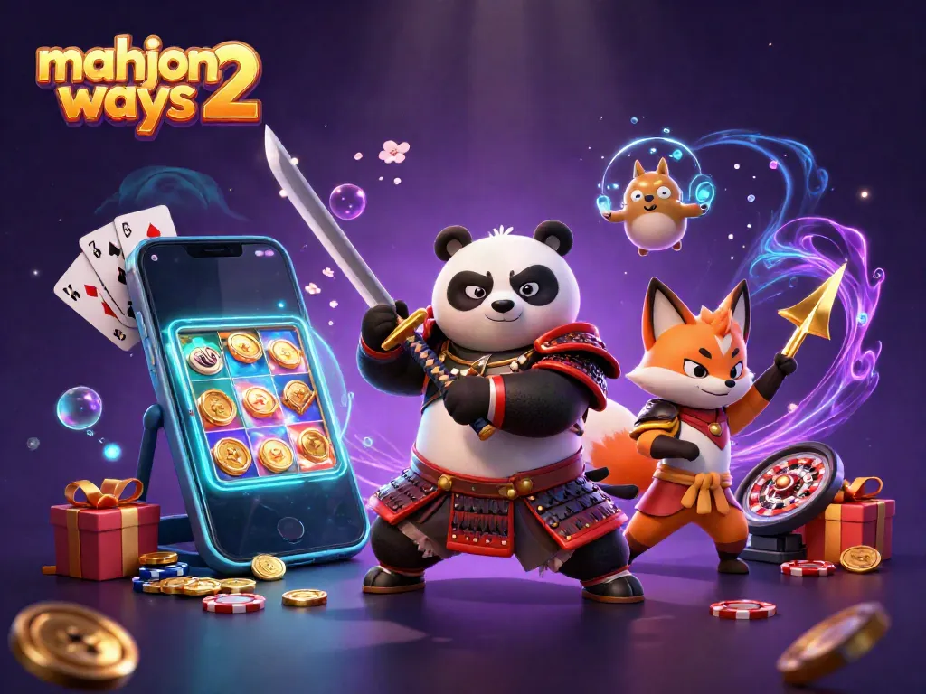 Engage with mahjong ways 2 in a vibrant, action-packed 3D illustration featuring a samurai panda and ninja fox.