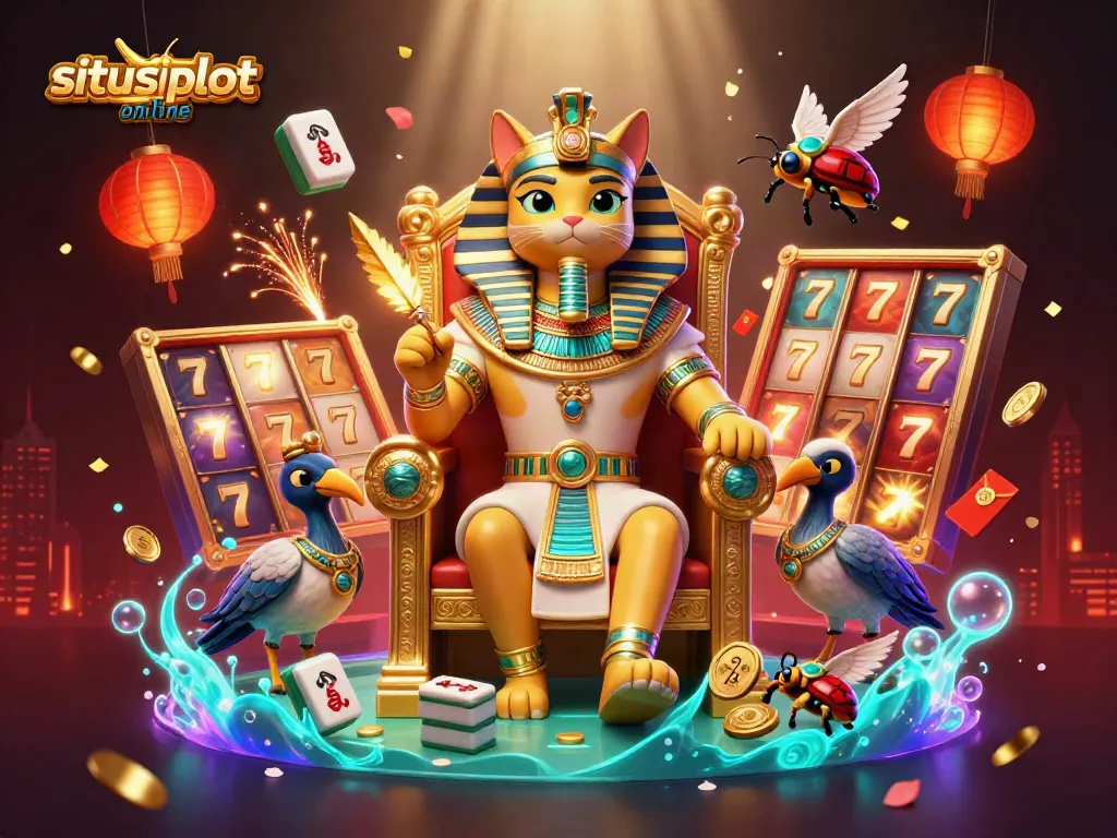 Menggoda para pemain dengan slot online, tampak 3D dari karakter berbentuk kucing Mesir dan elemen permainan yang berkilau.