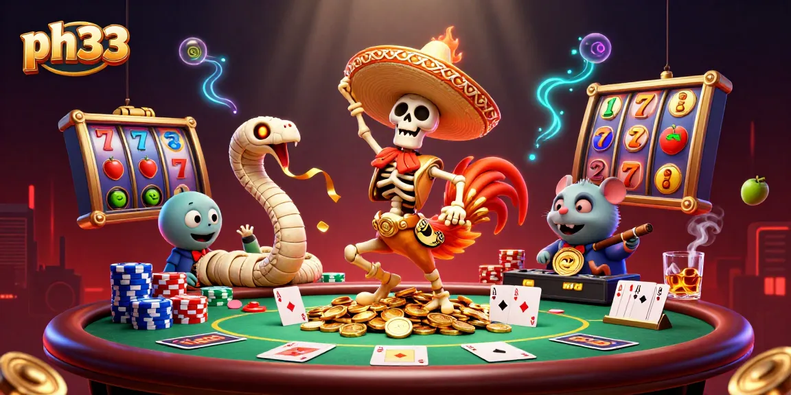 Experience thrilling wins at ph33 with a vibrant casino scene showcasing a dancing skeleton mariachi and poker elements.