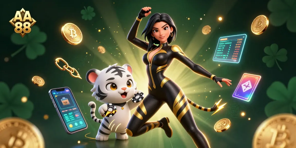 Engage in high-stakes action with AA 88 amidst digital casino elements and vibrant game graphics.
