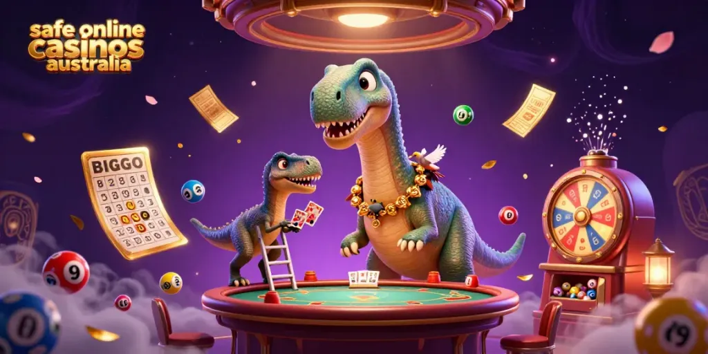 Experience the thrill of safe online casinos Australia with playful dinosaurs and vibrant game elements.