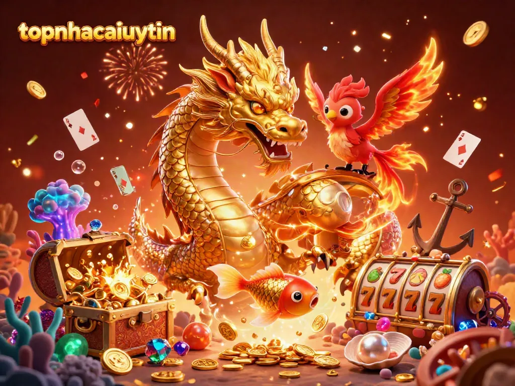topnhacaiuytin features a dynamic casino scene with a dragon, phoenix, and koi fish amidst vibrant slot elements.