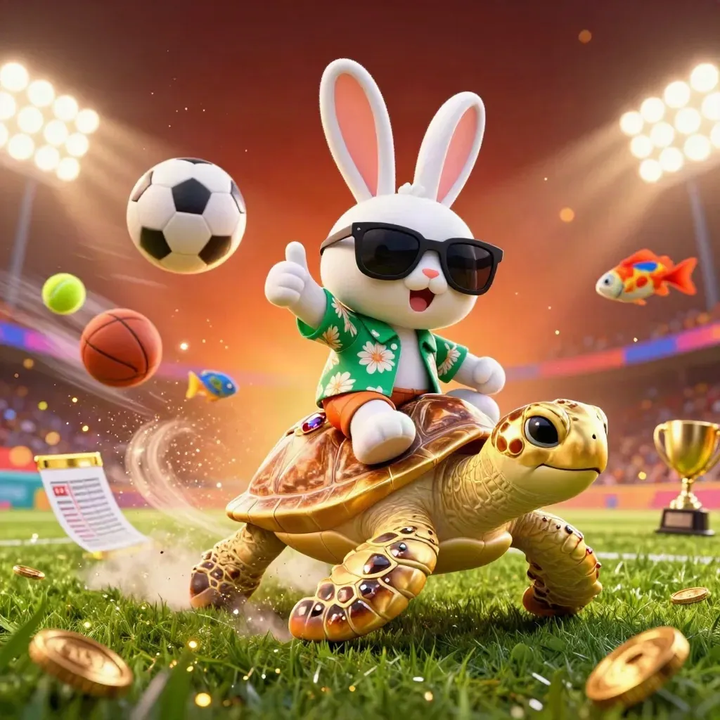 Lucky rabbit on a golden sea turtle blasting a soccer ball through turf under stadium lights