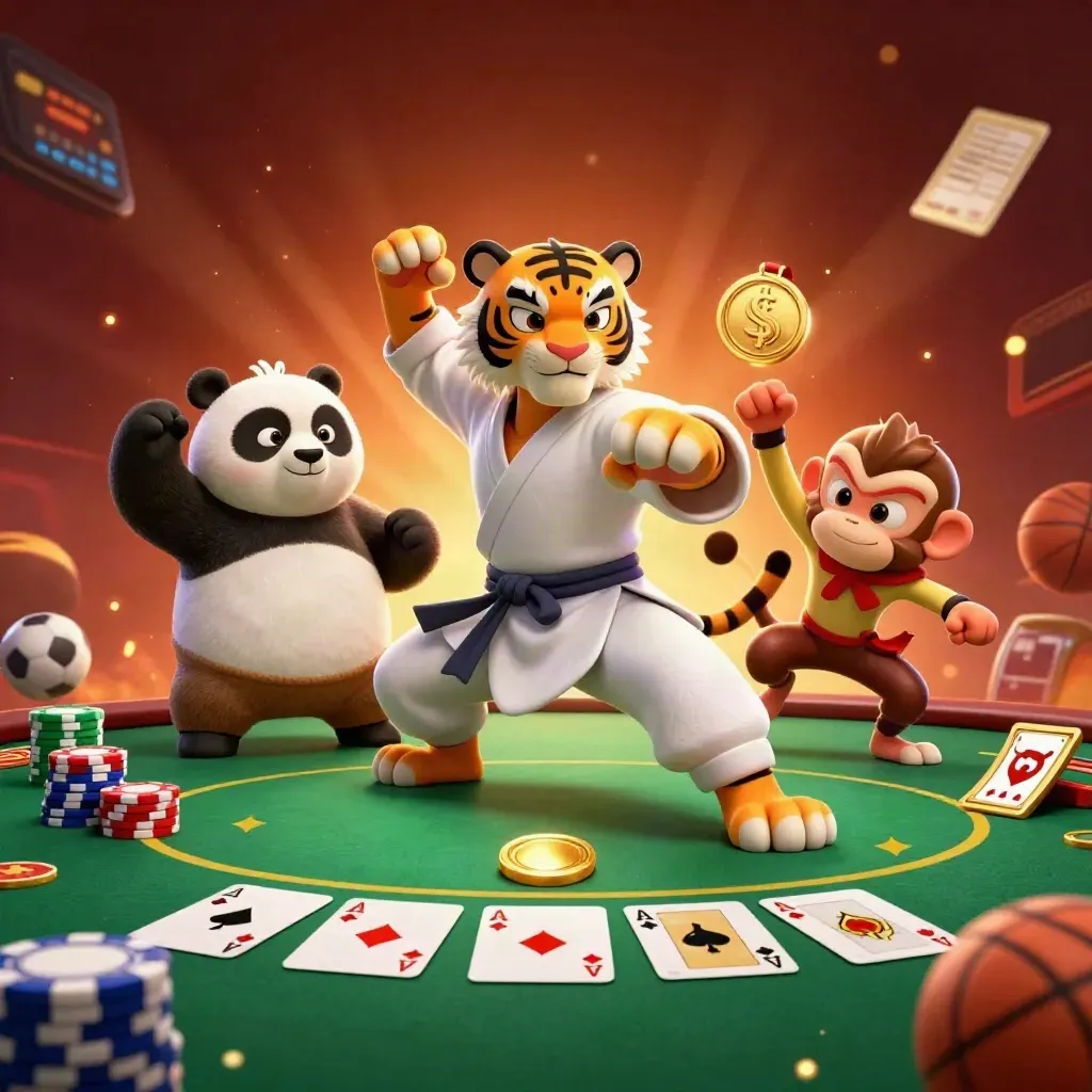 Kung-fu tiger, panda and monkey amid casino chips, cards, sports balls and fiery glow