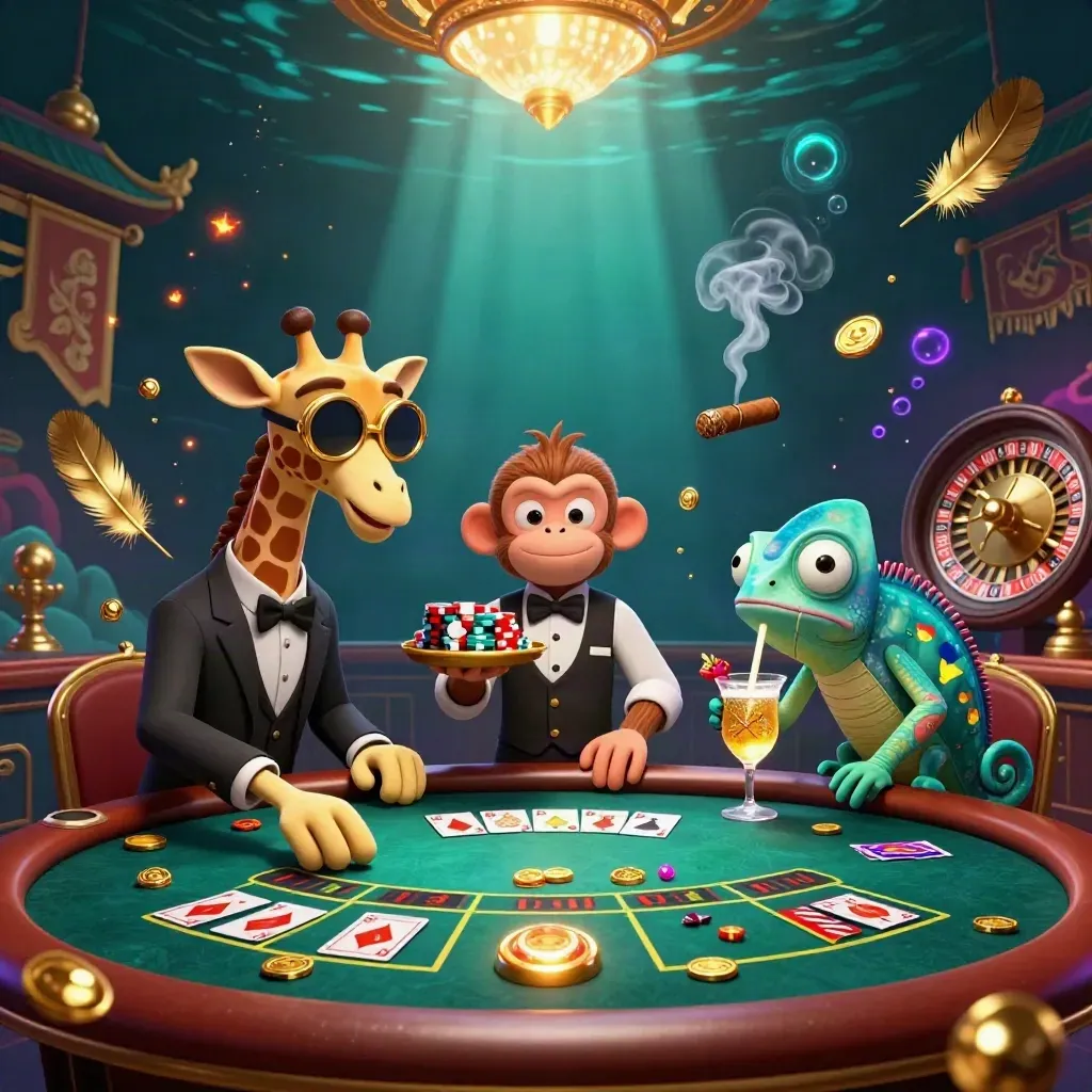 Giraffe, monkey, and chameleon in a luxe underwater casino with glowing brass, coins, and cards.