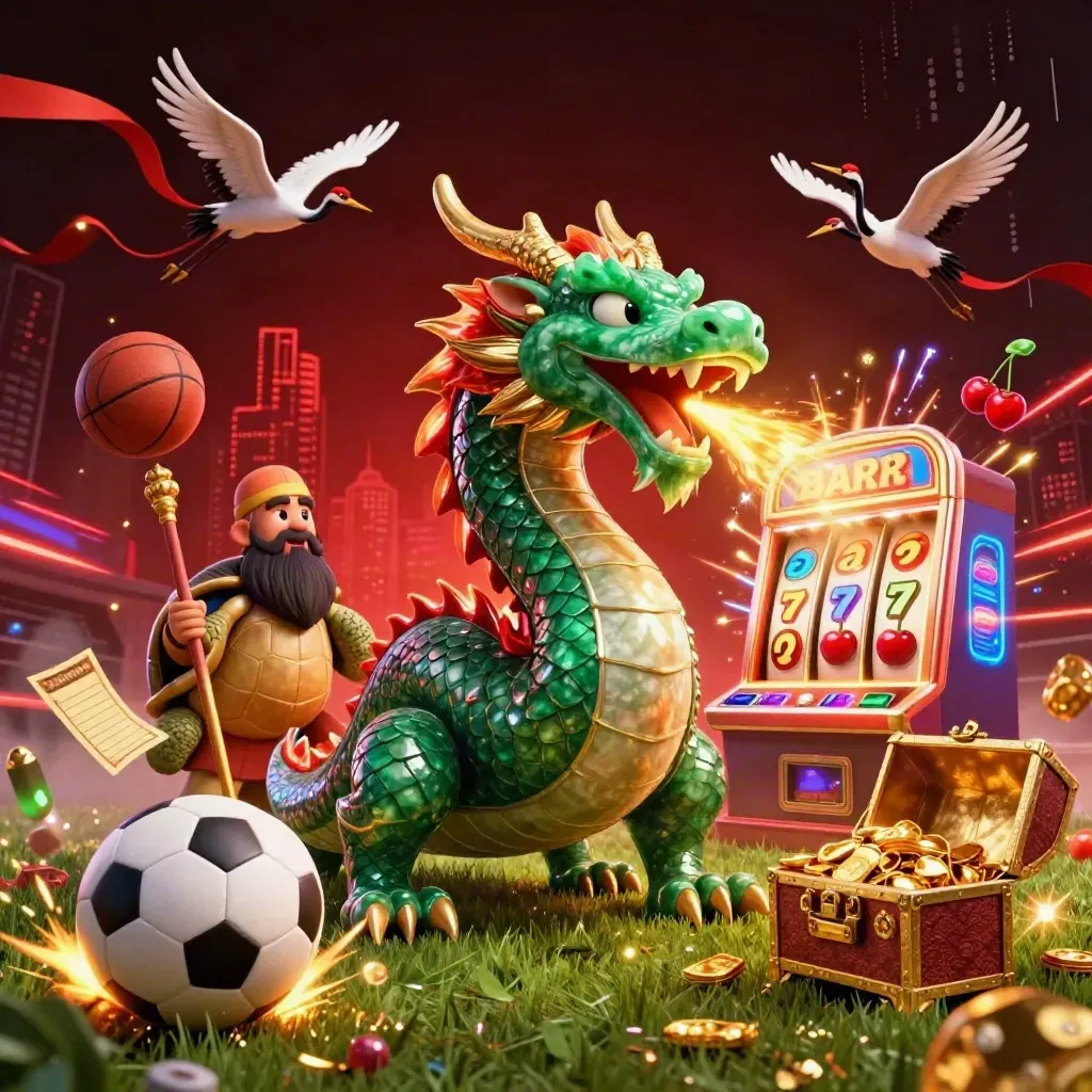 Dragon, turtle, cranes, slot bursts, and sports balls in a red-black neon casino haze.
