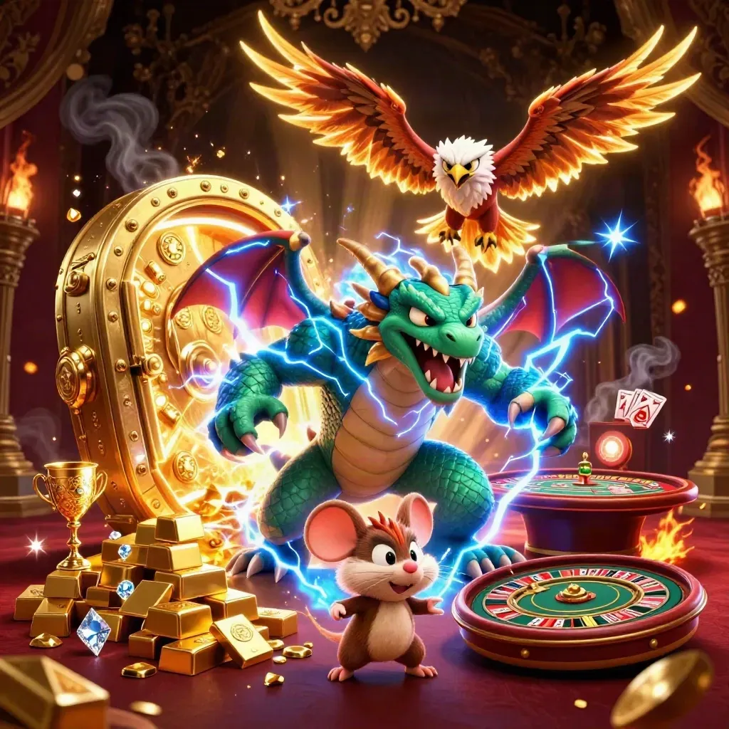 Thunder dragon, wind hawk, and static mouse amid casino gold and lightning