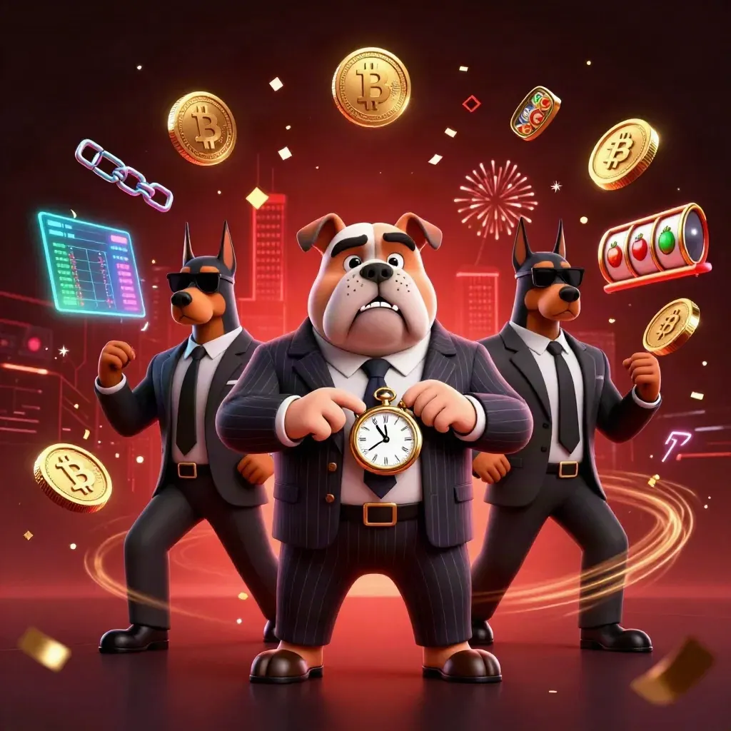 Bulldog boss with two Dobermans amid neon coins, charts, lightning, and casino confetti.