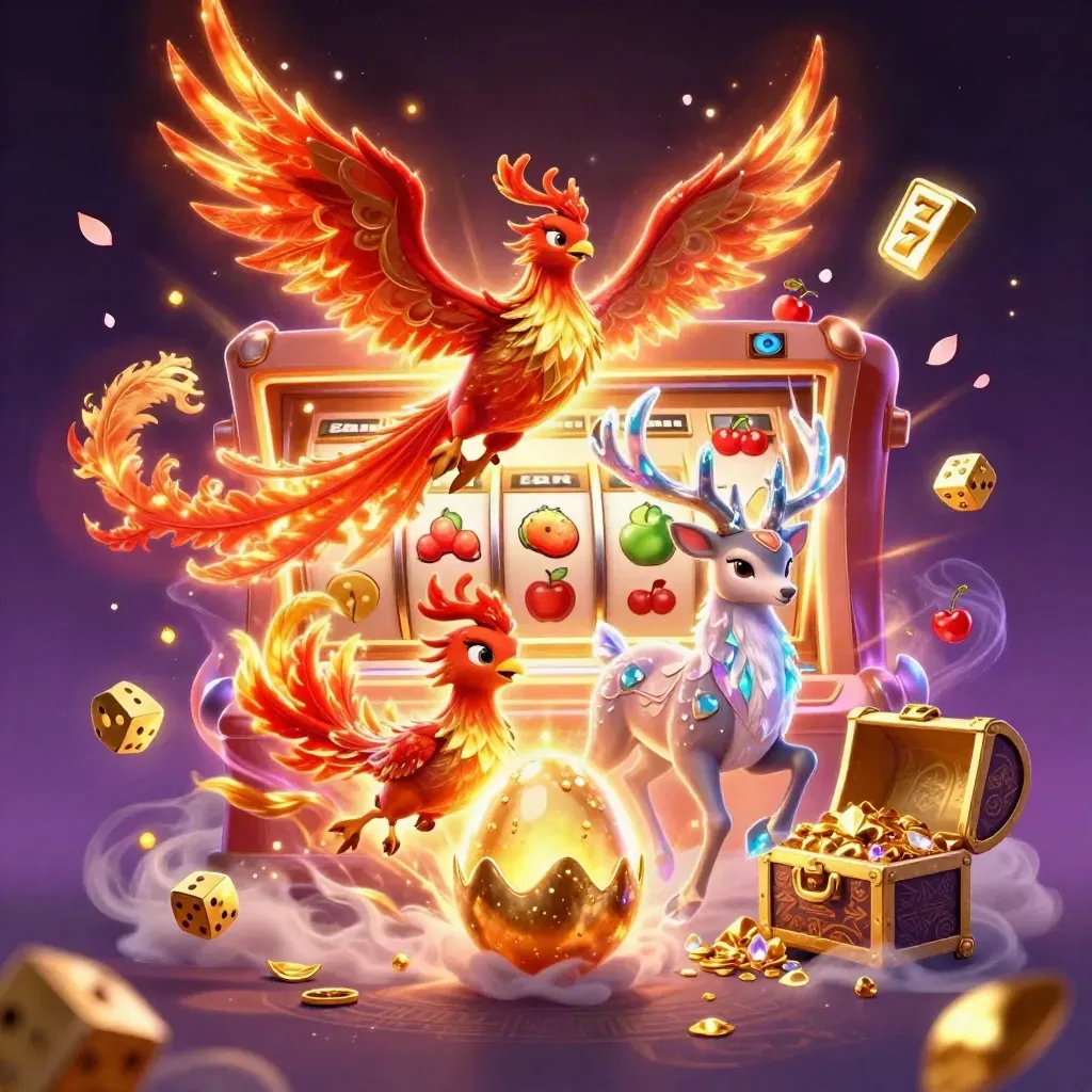 Phoenix, baby phoenix, and crystalline stag amid exploding casino loot and neon magic