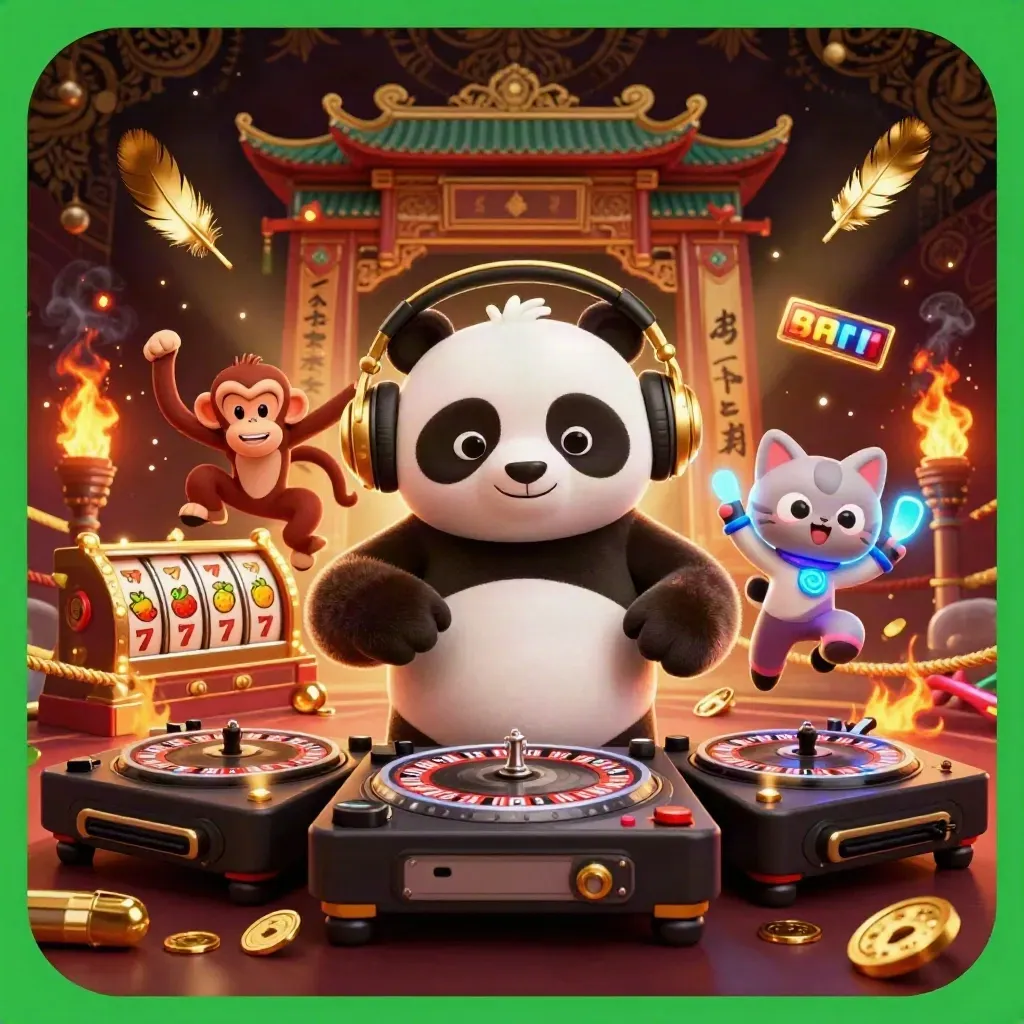 DJ panda, breakdancing monkey and glow-stick kitten in an ember-lit temple casino key art scene