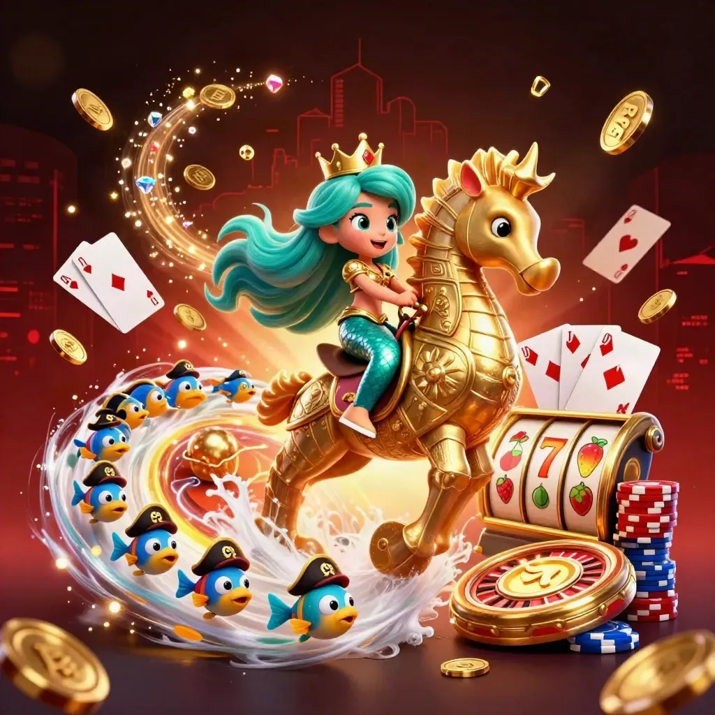 Mermaid princess on golden seahorse amid coins, roulette, chips, cards, and neon casino glow