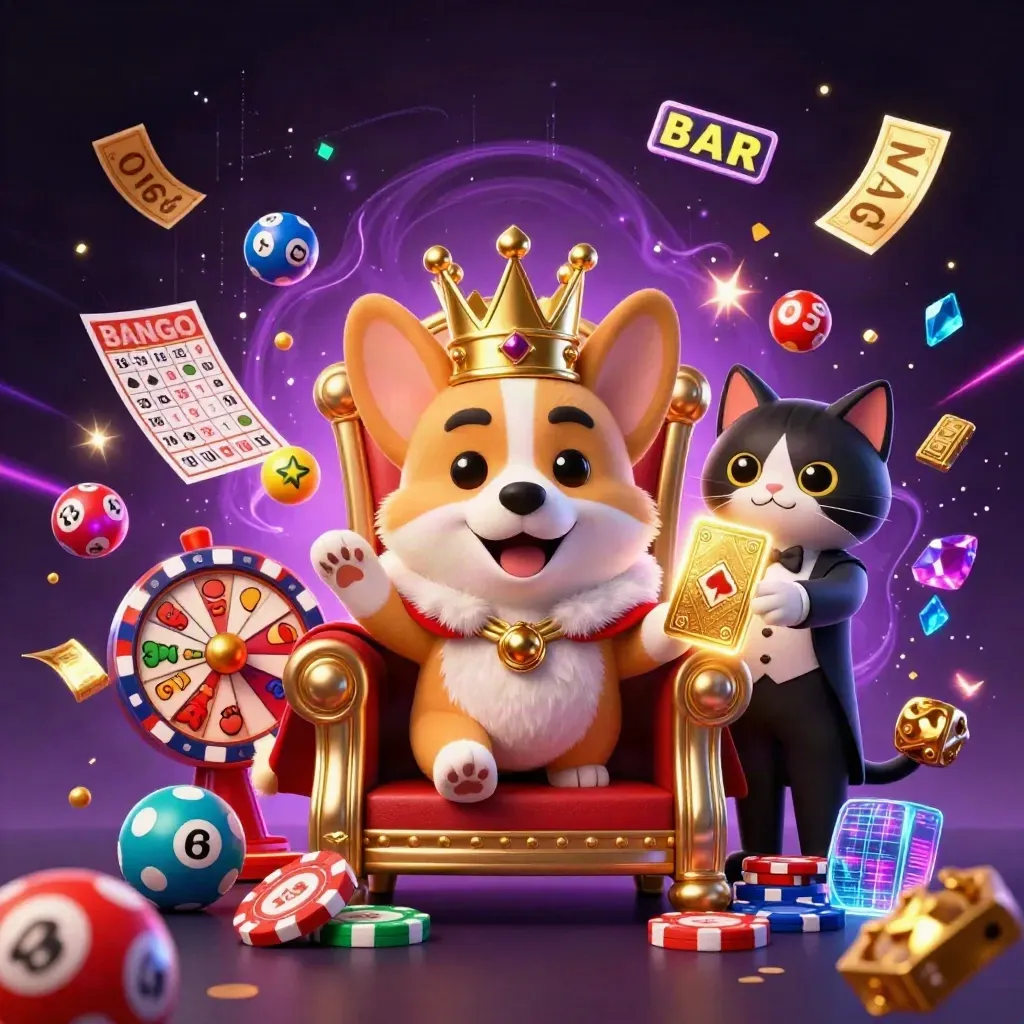 Royal corgi and cat butler on poker-chip throne amid lottery balls, bingo card and neon casino effects.